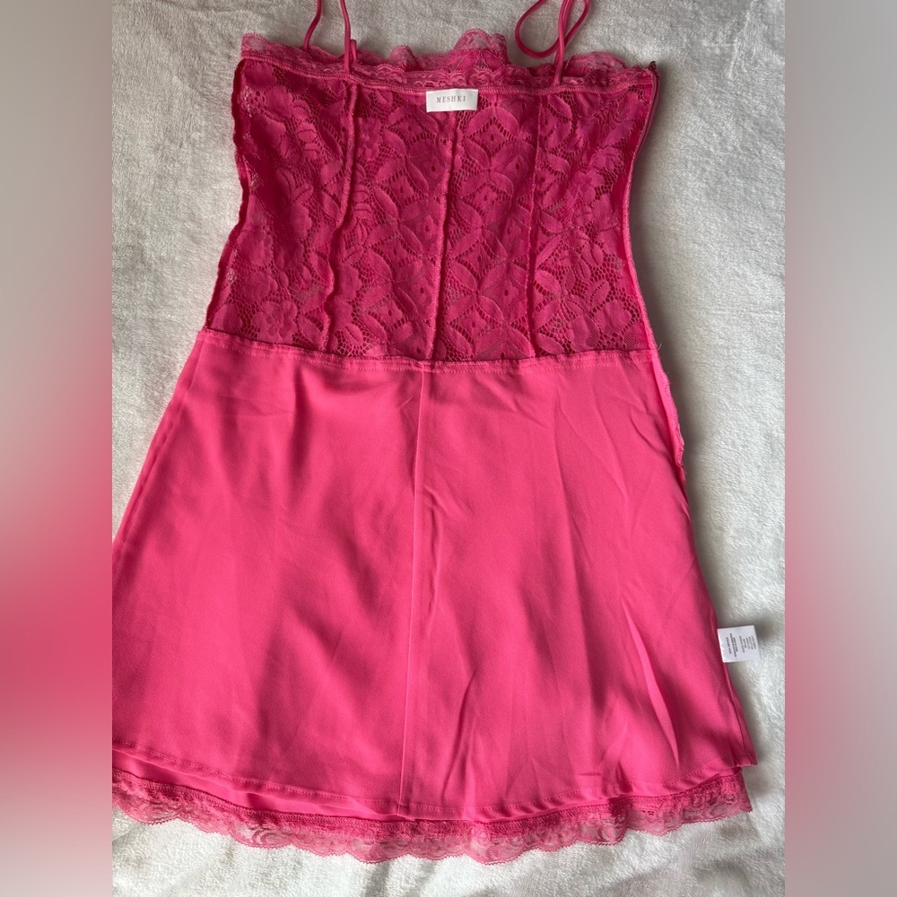 Meshki Hot Pink Lace Slip Mini Dress Size Large Satin Lace Party Date Night - Picture 8 of 15